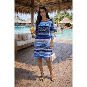 Donna Morgan Dress 10 Stretch Retro Boho Blue Midi 3/4 Sleeve Cruise Vacation